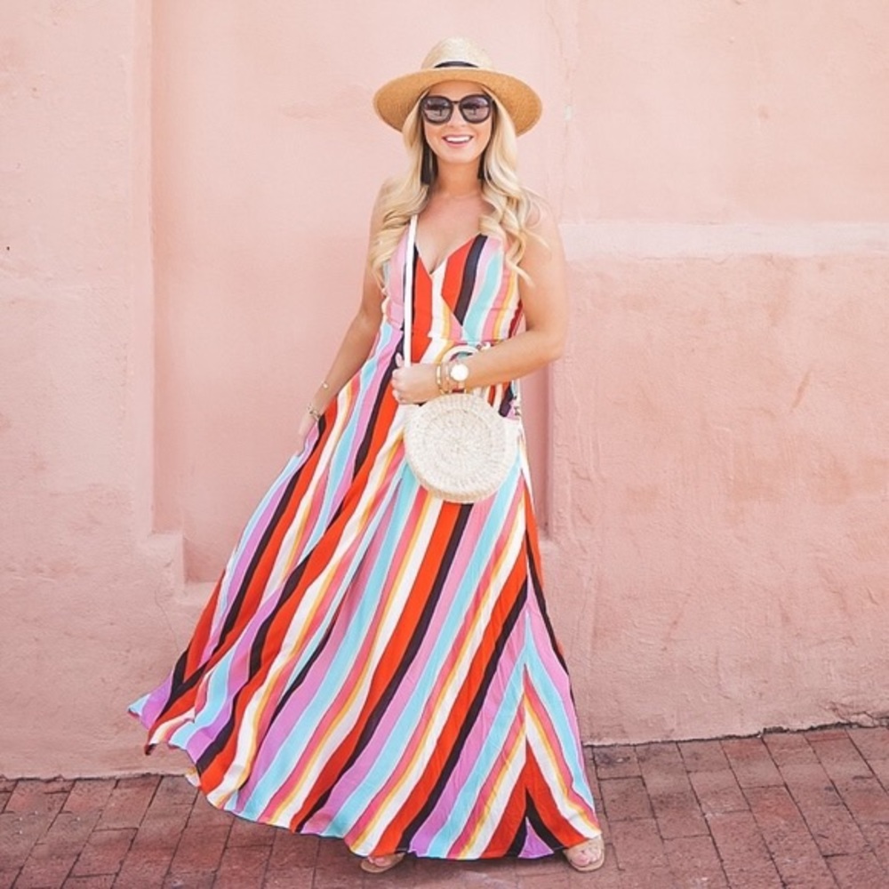 Multi-Color Striped Maxi Wrap Dress